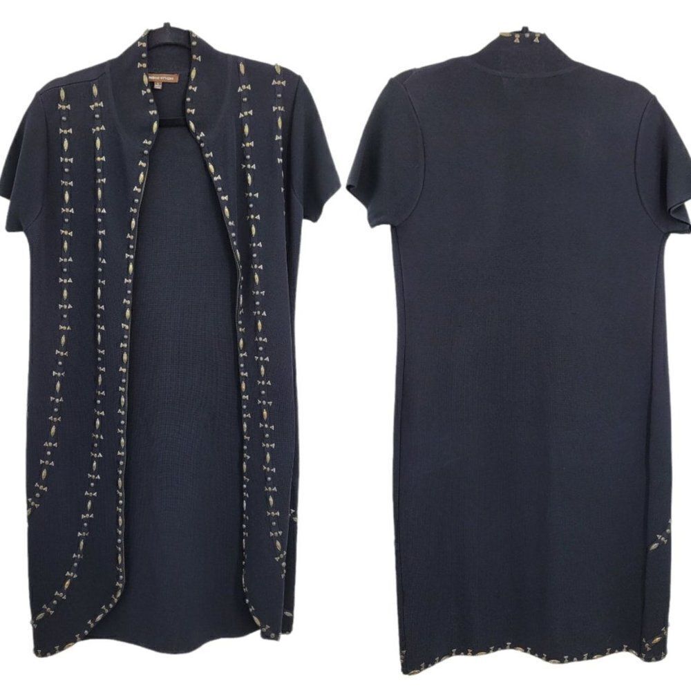 Adrienne Vittadini Womens‎ L Cardigan Duster Longline Beaded Military Black